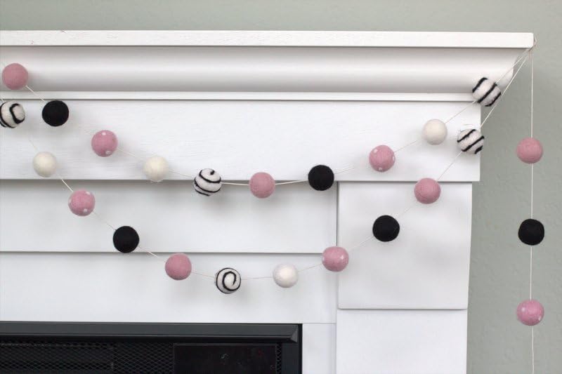 Pink Black White Felt Ball Swirl and Dot Garland- Children Home Decor, Valentine's Holiday- 1" (2.5 cm) Wool Felt Balls