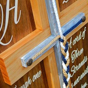 A cord of Three Strands, Wood Cross, Braids Sign, Rustic Wedding Ideas, Wall Decor 20 T X 14 W