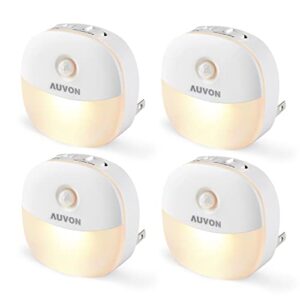 auvon plug in night light with motion sensor and dusk to dawn sensor, mini warm white led nightlight with 1-50 lm adjustable brightness for bathroom, hallway, stairs, bedroom, kitchen (4 pack)