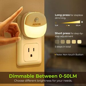 AUVON Plug in Night Light with Motion Sensor and Dusk to Dawn Sensor, Mini Warm White LED Nightlight with 1-50 lm Adjustable Brightness for Bathroom, Hallway, Stairs, Bedroom, Kitchen (4 Pack)