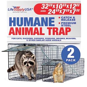 lifesupplyusa 2pc animal traps (32"x10"x12" & 24"x7"x7") for cats, racoons, gophers, possums, skunks, beavers and other similar sized animals. easy trap catch & release cage with 1-door