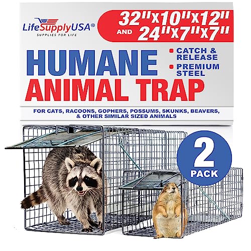 LifeSupplyUSA 2pc Animal Traps (32"x10"x12" & 24"x7"x7") for Cats, Racoons, Gophers, Possums, Skunks, Beavers and Other Similar Sized Animals. Easy Trap Catch & Release cage with 1-Door