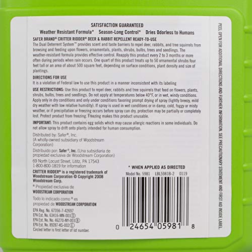 Safer Brand Ready-to-Use Brand 5981 Critter Ridder Deer & Rabbit Repellent RTU – 32 oz, 32 Ounce