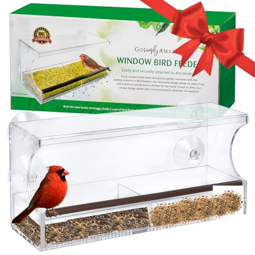 Window Bird Feeder with Strong Suction Cups - Innovative Anti-Yellowing Acrylic Technology - Extra Large 4 Cups Lock in Place Seed Tray