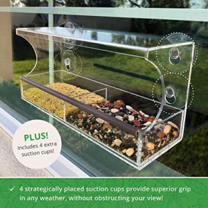 Window Bird Feeder with Strong Suction Cups - Innovative Anti-Yellowing Acrylic Technology - Extra Large 4 Cups Lock in Place Seed Tray