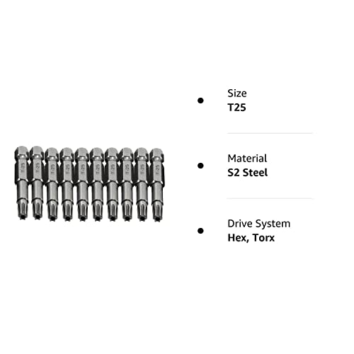 COMOK 10pcs 50mm Long 1/4 Inch Hex Shank T25 Torx Head Magnetic Screw Driver Bit Set Security Tamper Proof Star 6 Point Screwdriver Kit Tools