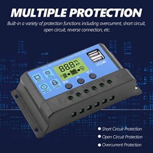 Solar Controller PWM 12V 24V Dual USB Solar Panel Battery Controller Regulator LCD Display 10/20/30A Overload Overcurrent Protection with Manual for Street Light (YJSS-20A)