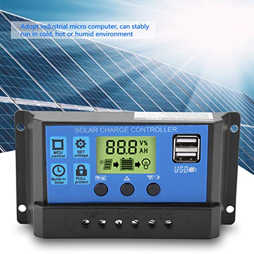 Solar Controller PWM 12V 24V Dual USB Solar Panel Battery Controller Regulator LCD Display 10/20/30A Overload Overcurrent Protection with Manual for Street Light (YJSS-20A)