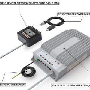 EPEVER MPPT Solar Charge Controller 30A 150V PV Solar Panel Controller Negative Ground W/ MT50 Remote Meter + Temperature Sensor PC Monitoring Cable