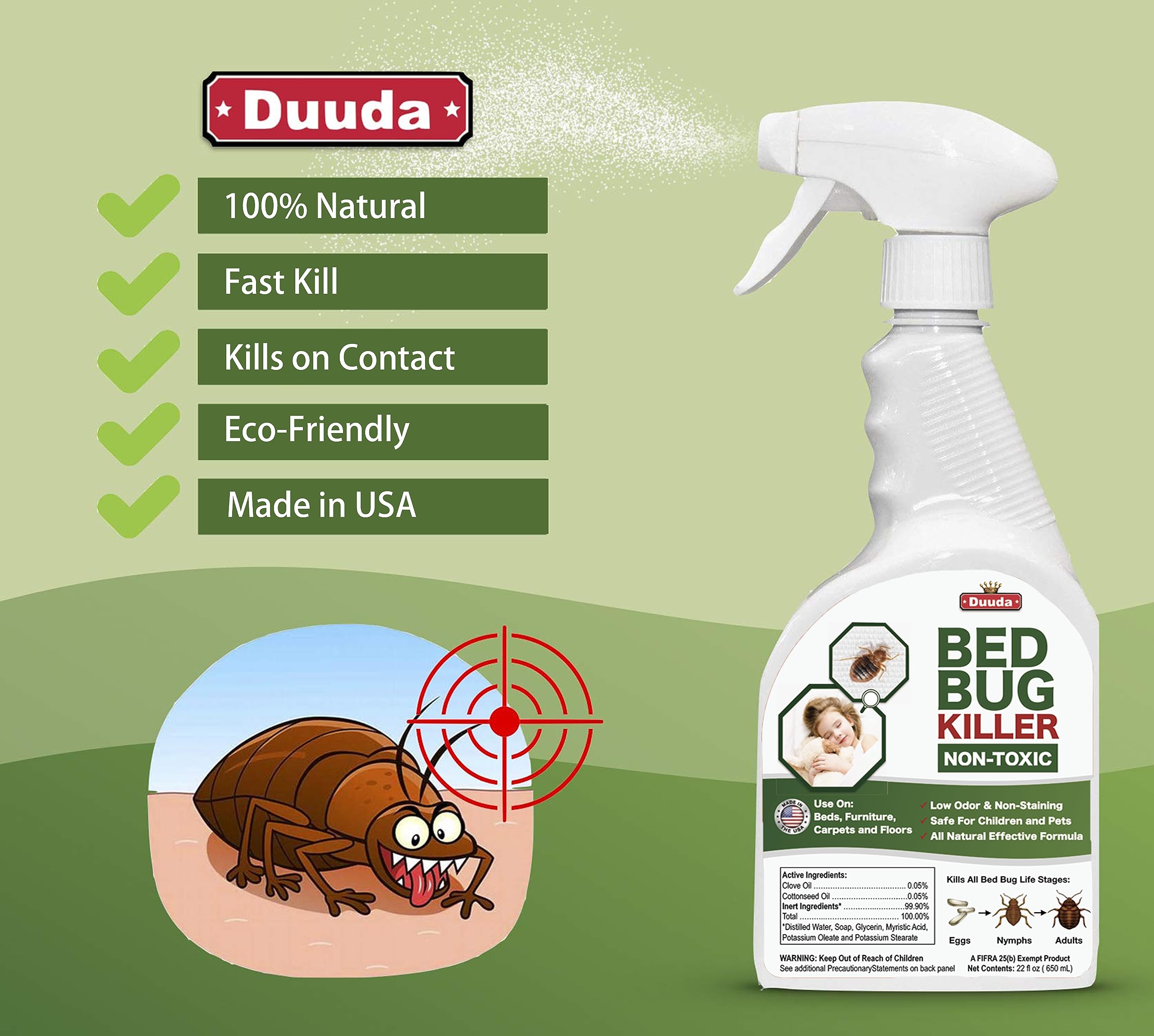 Duuda 22oz Bed Bug Spray, Child & Pet Friendly Bed Bug Kill with Extended Residual Protection, Natural Dust Mite Spray, Non-Toxic Flea Killer