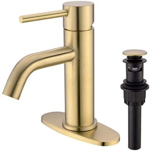 trustmi brass single lever single hole bathroom basin sink faucet with pop up drain assembly and 6-inch hole cover deck plate,brushed gold