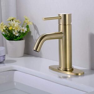 TRUSTMI Brass Single Lever Single Hole Bathroom Basin Sink Faucet with Pop Up Drain Assembly and 6-Inch Hole Cover Deck Plate,Brushed Gold