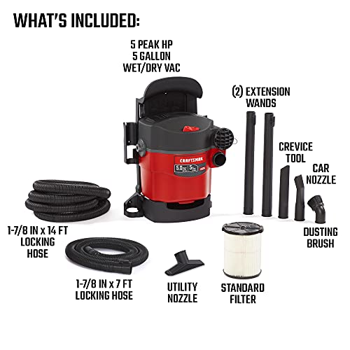 CRAFTSMAN CMXEVBE17925 5 Gallon 5.0 Peak HP Wet/Dry Wall Vac, Wall-Mounted Shop Vacuum with Attachments