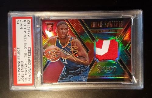 2014-15 Joel Embiid RC Panini Select Tie Dye Prizm Jersey #18/25 PSA NM 7 AUTO 8 - Basketball Slabbed Autographed Rookie Cards