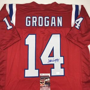 autographed/signed steve grogan new england red football jersey jsa coa