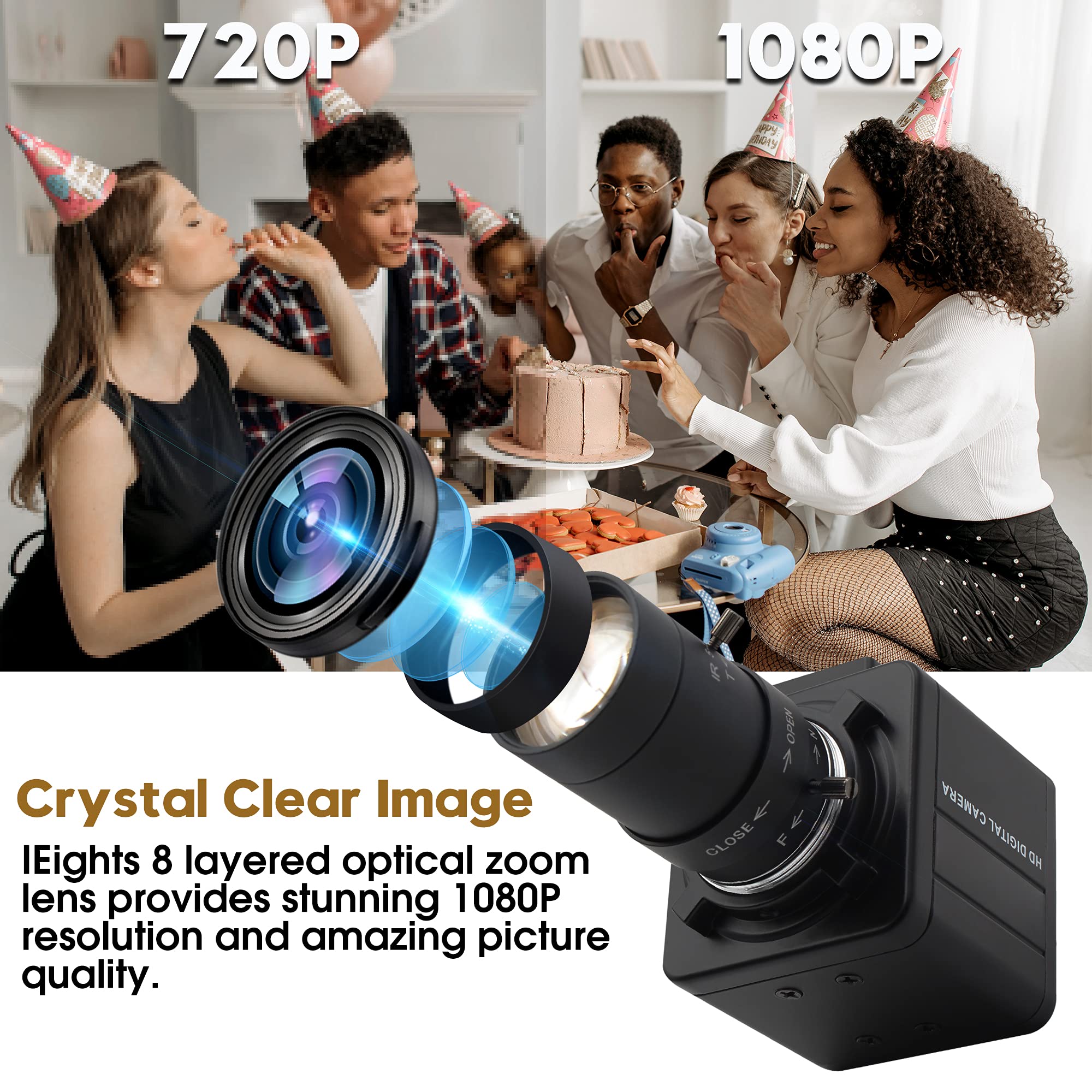 1080P USB Camera with Microphone Manual Zoom 5-50mm Webcam Variable Focus PC Camera H.264 Mini UVC USB2.0 USB with Camera for Computer Audio Video Close-up Camera Zoomable Web Camera