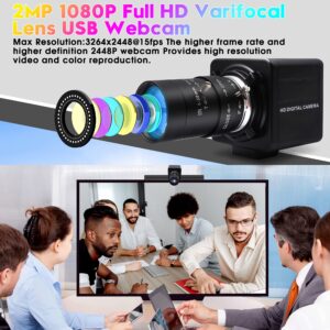 1080P USB Camera with Microphone Manual Zoom 5-50mm Webcam Variable Focus PC Camera H.264 Mini UVC USB2.0 USB with Camera for Computer Audio Video Close-up Camera Zoomable Web Camera