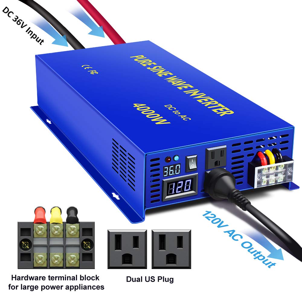 XYZ INVT 4000 Watt Pure Sine Wave Inverter 36V DC to 110V 120V AC Car Power Invert Surge 8000W Power Converter for Solar System.(4000W 36V DC to 120V AC)