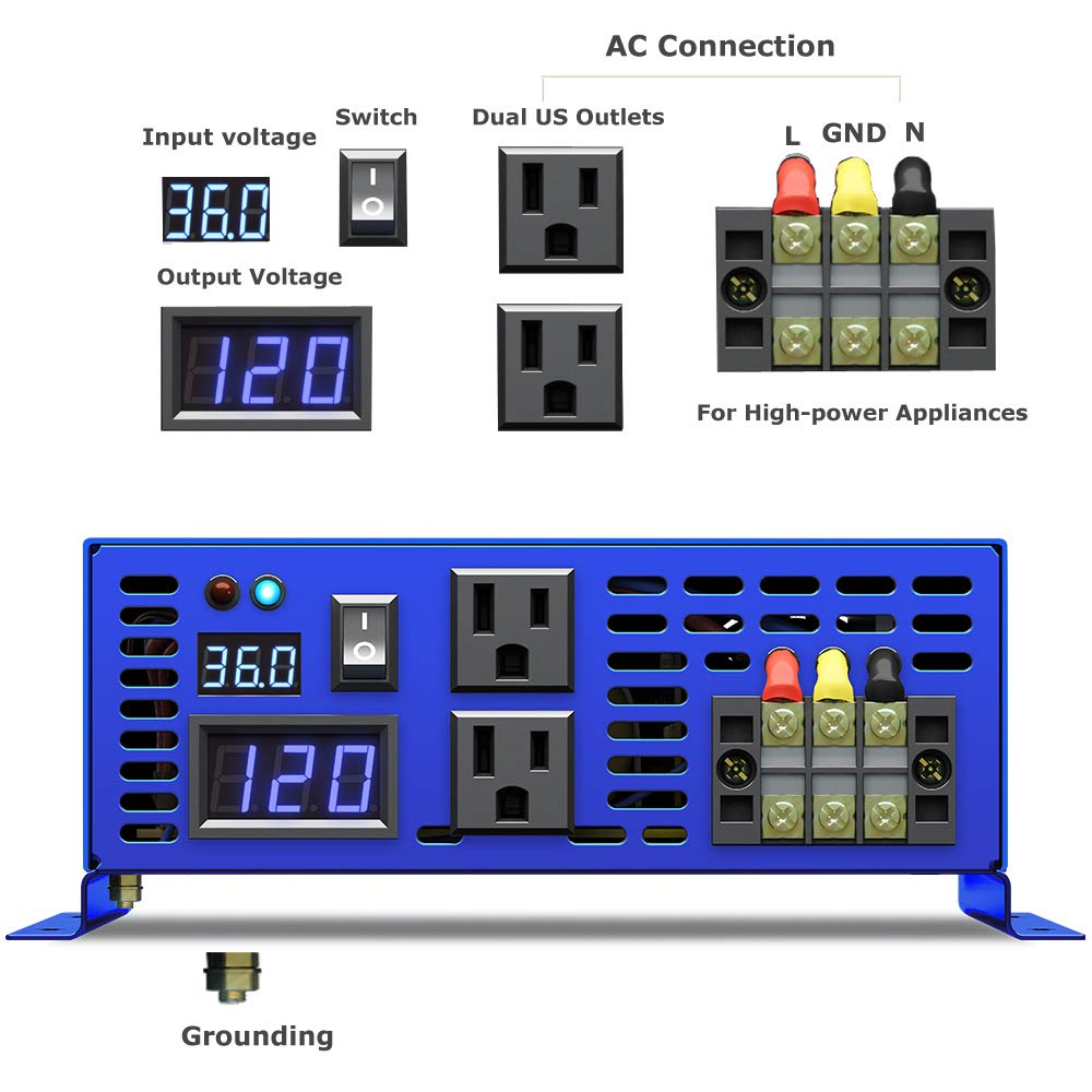 XYZ INVT 4000 Watt Pure Sine Wave Inverter 36V DC to 110V 120V AC Car Power Invert Surge 8000W Power Converter for Solar System.(4000W 36V DC to 120V AC)