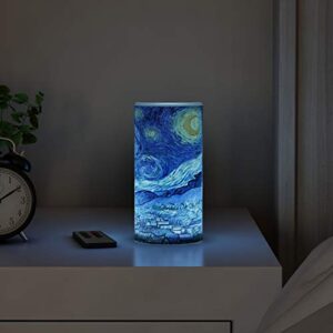 lavish home 80-fc1008 led starry night candle with remote control timer van gogh art on vanilla scented realistic flickering or steady flameless light-decor, (l)3”x (w)3”x (h)6”