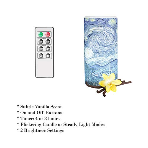 Lavish Home 80-FC1008 LED Starry Night Candle with Remote Control Timer Van Gogh Art on Vanilla Scented Realistic Flickering or Steady Flameless Light-Decor, (L)3”x (W)3”x (H)6”