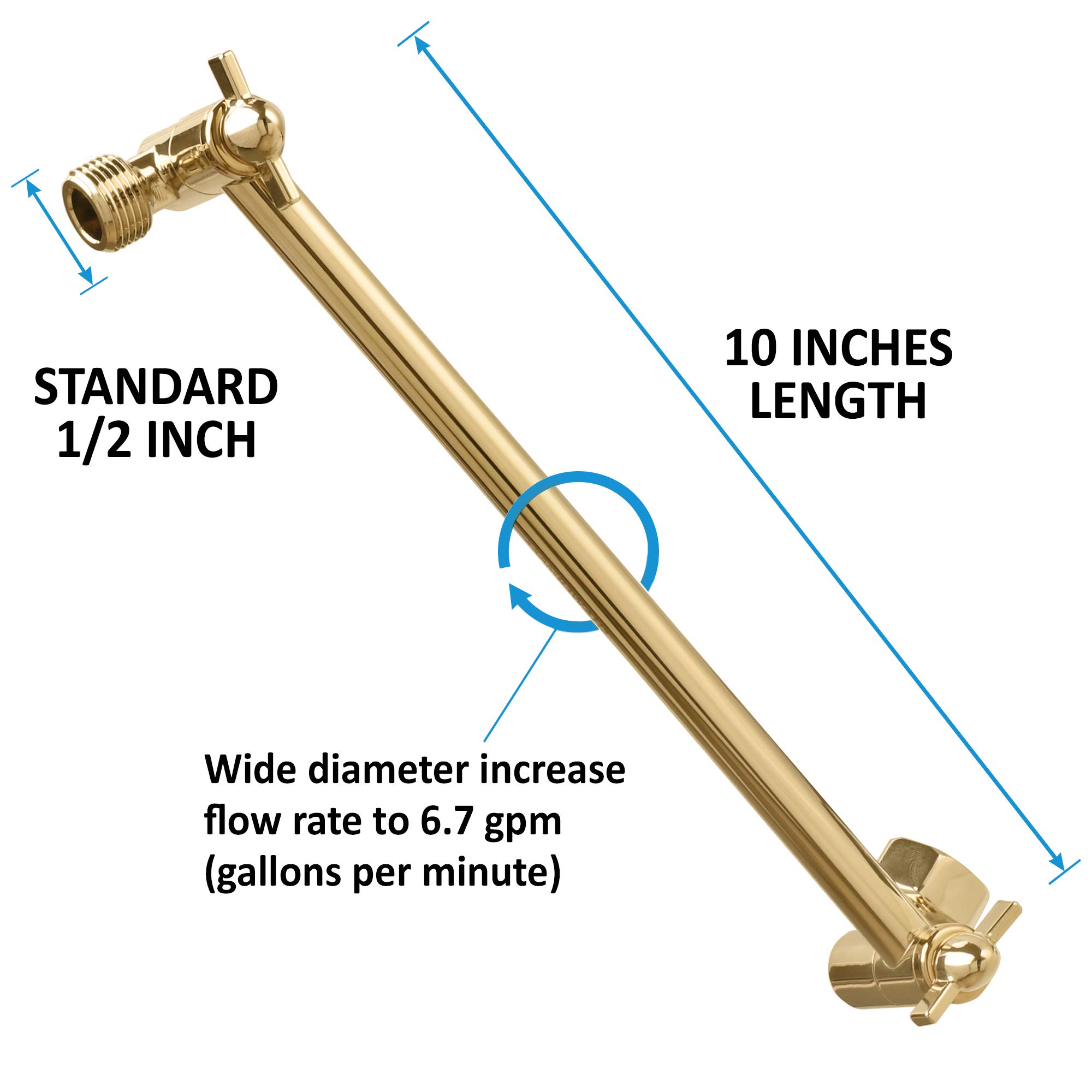 ShowerMaxx, 10 Inches Stainless Steel Adjustable Shower Arm Extender, Adjustable Height and Angle For Fixed, Rain, Handheld Shower Heads, Universal NPT 1/2 inch Connector, Polished Brass Finish