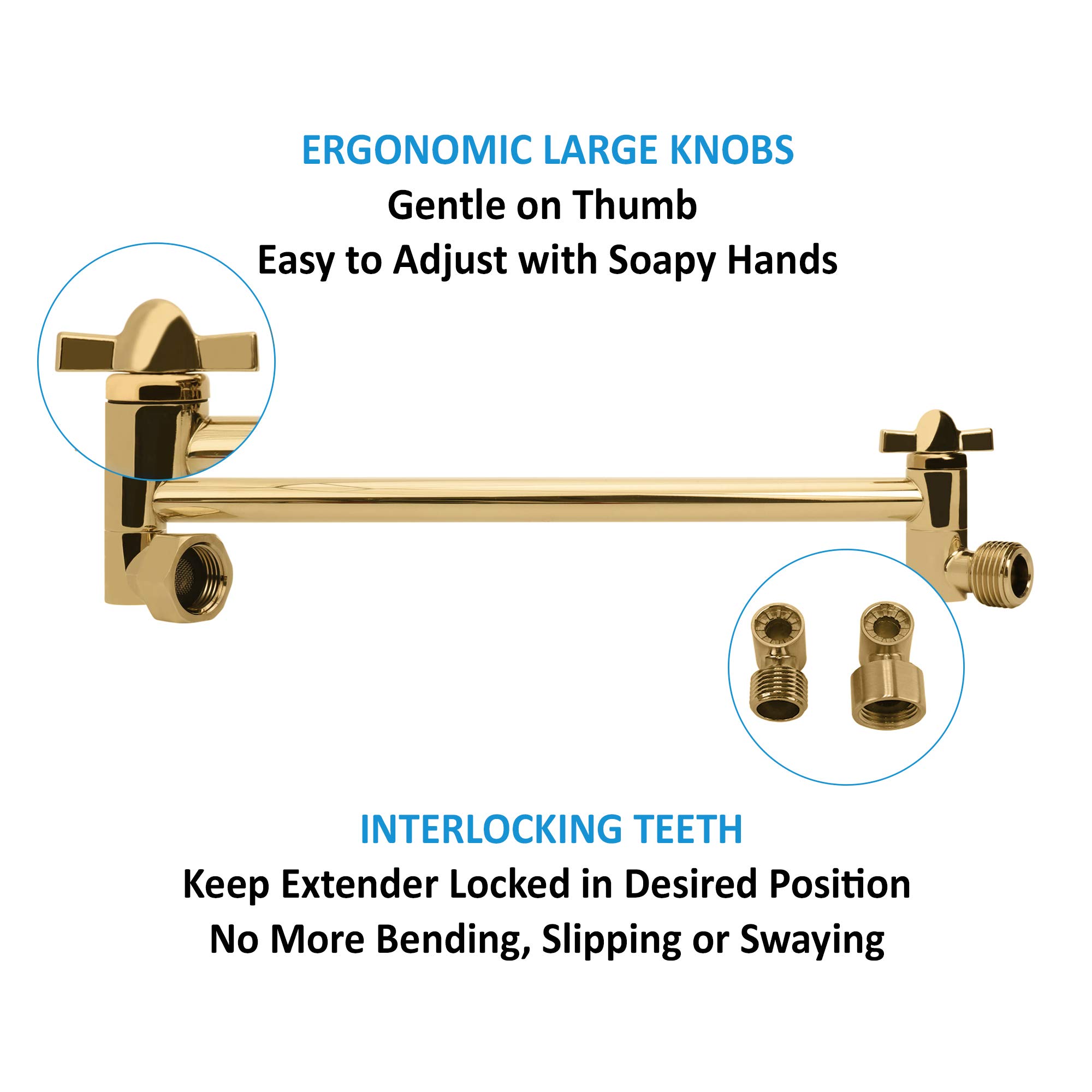 ShowerMaxx, 10 Inches Stainless Steel Adjustable Shower Arm Extender, Adjustable Height and Angle For Fixed, Rain, Handheld Shower Heads, Universal NPT 1/2 inch Connector, Polished Brass Finish