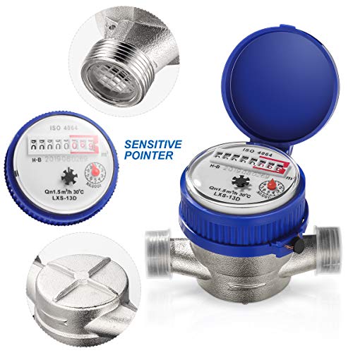 Hemobllo Water Meter Water Flow Meter Cold Water Meter for Garden and Home Use, Measures in Cubic Meter, DN15, 1/2" NPT Couplings