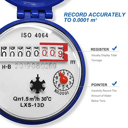 Hemobllo Water Meter Water Flow Meter Cold Water Meter for Garden and Home Use, Measures in Cubic Meter, DN15, 1/2" NPT Couplings