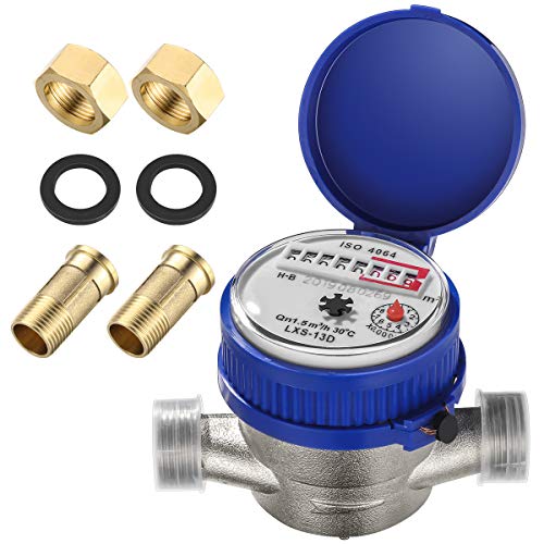 Hemobllo Water Meter Water Flow Meter Cold Water Meter for Garden and Home Use, Measures in Cubic Meter, DN15, 1/2" NPT Couplings