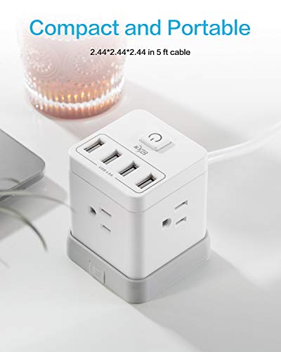 KMC Surge Protector Power Strip, Cube Portable Power Outlet with 4 USB Ports 4.8A and Switch Control, 5-Foot Extension Cord and Detachable Base, Ultra-Compact for Travel and Office