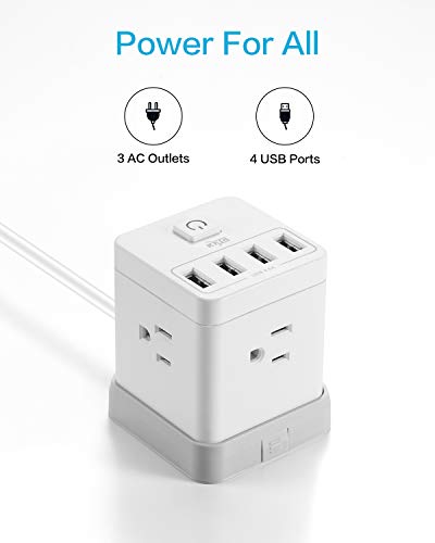 KMC Surge Protector Power Strip, Cube Portable Power Outlet with 4 USB Ports 4.8A and Switch Control, 5-Foot Extension Cord and Detachable Base, Ultra-Compact for Travel and Office