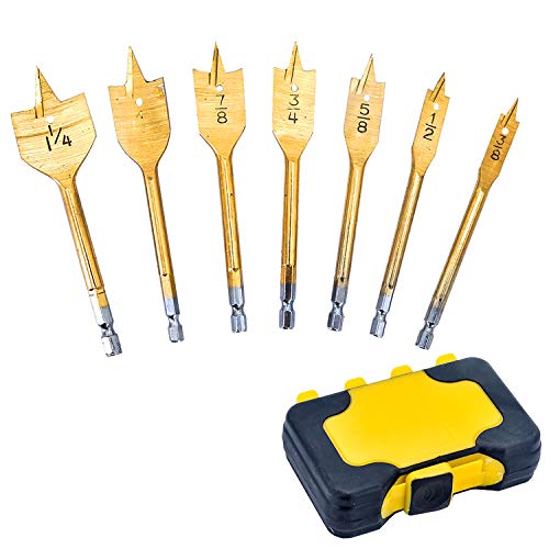 Uniteco 7Pcs Wood Flat Drill Bit Set Spade Drill Bit Set Spade Wood Drill Titanium Plated in Hard Plastic Case