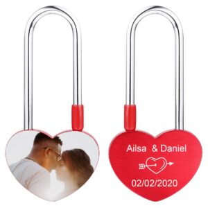 memediy personalized love heart lock engraving photo custom picture for couples men women boyfriend girlfriend lover aluminum memorial anniversary valentine bridge padlock (red color)