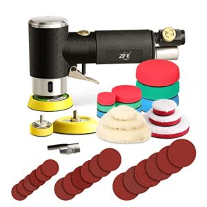 zfe 1/2/3 inch random orbital air sander, mini pneumatic sander for auto body work, high speed air powered polisher with 15 polishing buffing pads,18 sandpapers