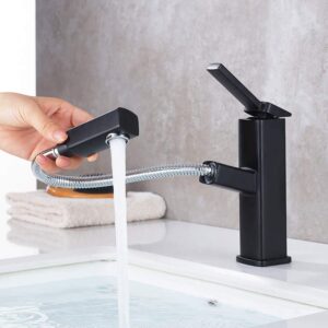 kaiying bathroom sink faucet with pull out sprayer, single handle basin mixer tap for hot and cold water, lavatory pull down vessel sink faucet with rotating spout(regular, black)