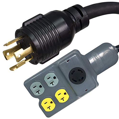 L14-30P to L14-30R + 5-20R x 4 Receptacle Power Cable for 7500W Generators, 10 Feet, 30A, 125/250V - Iron Box # IBX-11858 (10 ft)