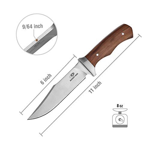 Mossy Oak 11-inch Full-tang Fixed Blade Knife with Leather Sheath, Clip Point Blade and Wood Handle, for Outdoor Survival, Camping