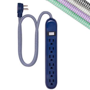 cordinate 6-outlet surge protector, power strip, flat plug, braided cord, decorative, 3 ft power cord, wall mount, tangle-free, warranty, navy, 44202