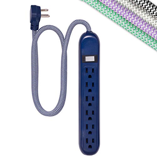 Cordinate 6-Outlet Surge Protector, Power Strip, Flat Plug, Braided Cord, Decorative, 3 ft Power Cord, Wall Mount, Tangle-Free, Warranty, Navy, 44202