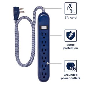 Cordinate 6-Outlet Surge Protector, Power Strip, Flat Plug, Braided Cord, Decorative, 3 ft Power Cord, Wall Mount, Tangle-Free, Warranty, Navy, 44202