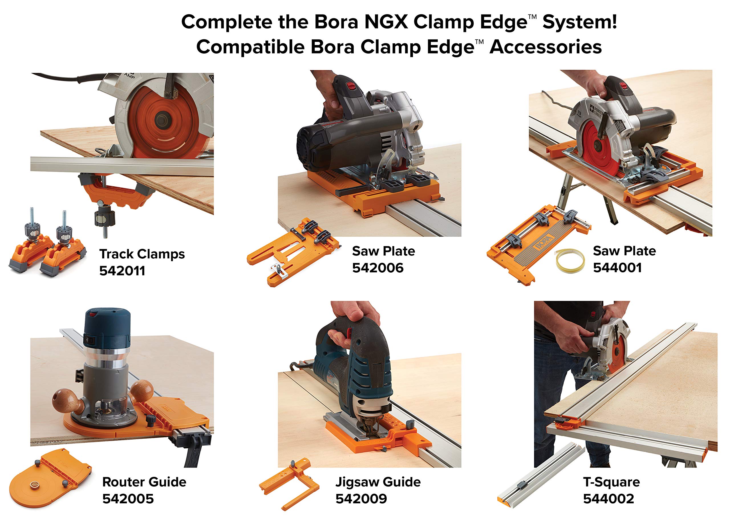 BORA Track Clamps, Securely Cut Any Angle with WTX and NGX Clamp Edge Systems, Saw Guide Accessory for Woodworking, Carpentry, DIY, Two-Pack, 542011