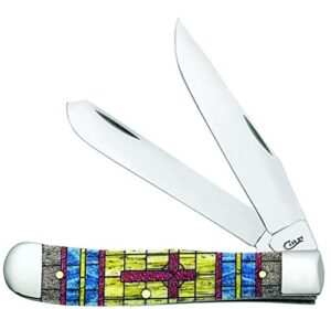 case wr xx pocket knife trapper stained glass cross natural bone color wash item #38713 - (6254 ss) - length closed: 4 1/8 inches