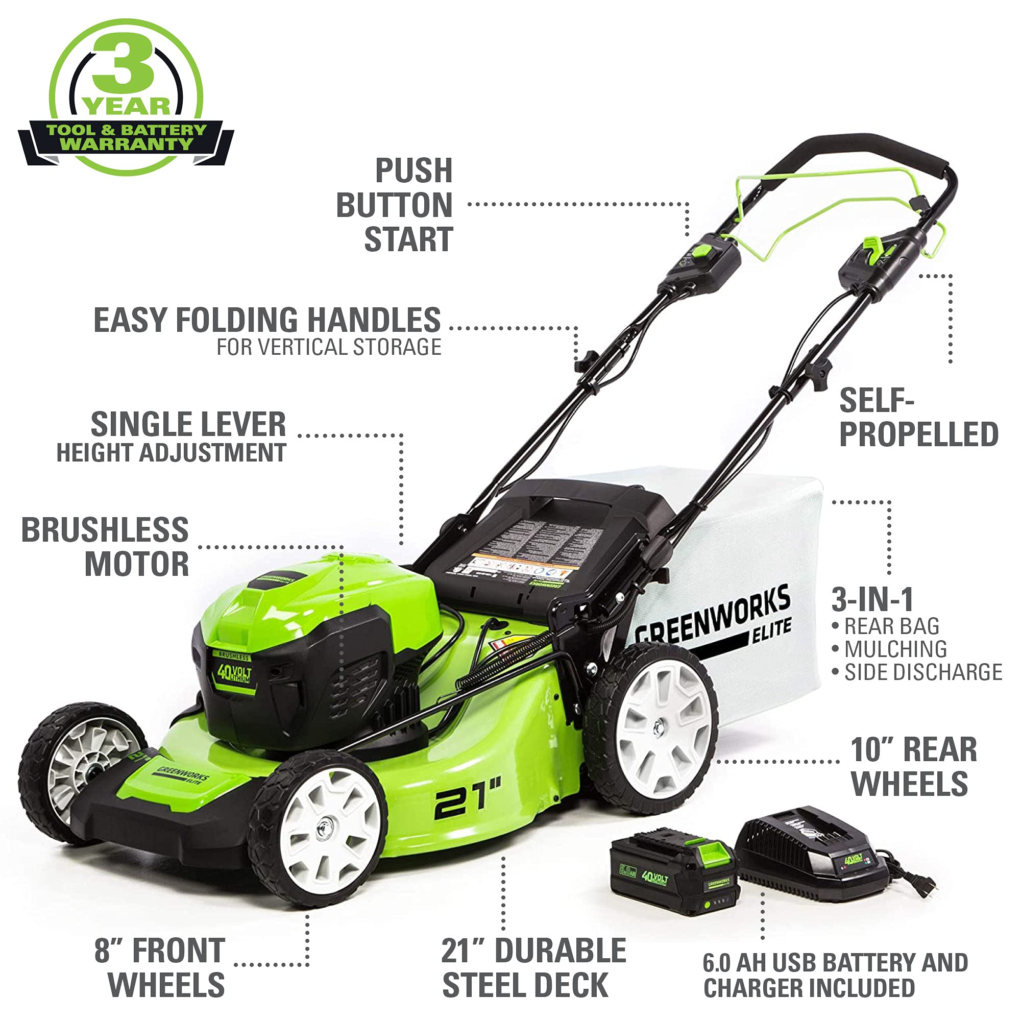 Greenworks 40V 21-Inch Brushless Self-Propelled Mower 6AH Battery and Charger Included, M-210-SP