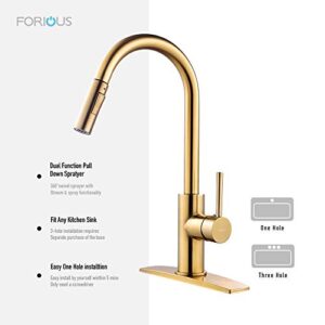 Gold Kitchen Faucet, FORIOUS Kitchen Faucet with Pull Down Sprayer Brushed Gold, 2.25 GPM Kitchen Sink Faucet High Water Pressure, Brass Copper Kitchen Faucets 1 or 3 Hole, Champagne Bronze