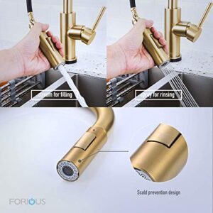 Gold Kitchen Faucet, FORIOUS Kitchen Faucet with Pull Down Sprayer Brushed Gold, 2.25 GPM Kitchen Sink Faucet High Water Pressure, Brass Copper Kitchen Faucets 1 or 3 Hole, Champagne Bronze