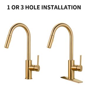 Gold Kitchen Faucet, FORIOUS Kitchen Faucet with Pull Down Sprayer Brushed Gold, 2.25 GPM Kitchen Sink Faucet High Water Pressure, Brass Copper Kitchen Faucets 1 or 3 Hole, Champagne Bronze