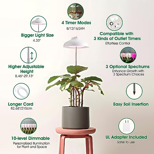 GrowLED LED Umbrella Plant Grow Light, Herb Garden, Height Adjustable, Automatic Timer, UL Adapter Included, Ideal for Plant Grow Novice Or Enthusiasts, Various Plants, DIY Decoration, White