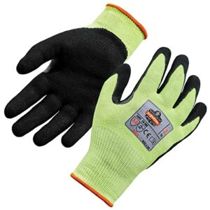 ergodyne cut resistant gloves, cut level 4, nitrile coated palm for grip, hi vis, proflex 7041 lime, large