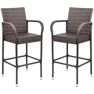 homall patio bar stools wicker barstools indoor outdoor bar stool patio furniture with footrest and armrest for garden pool lawn backyard set of 2 (brown)